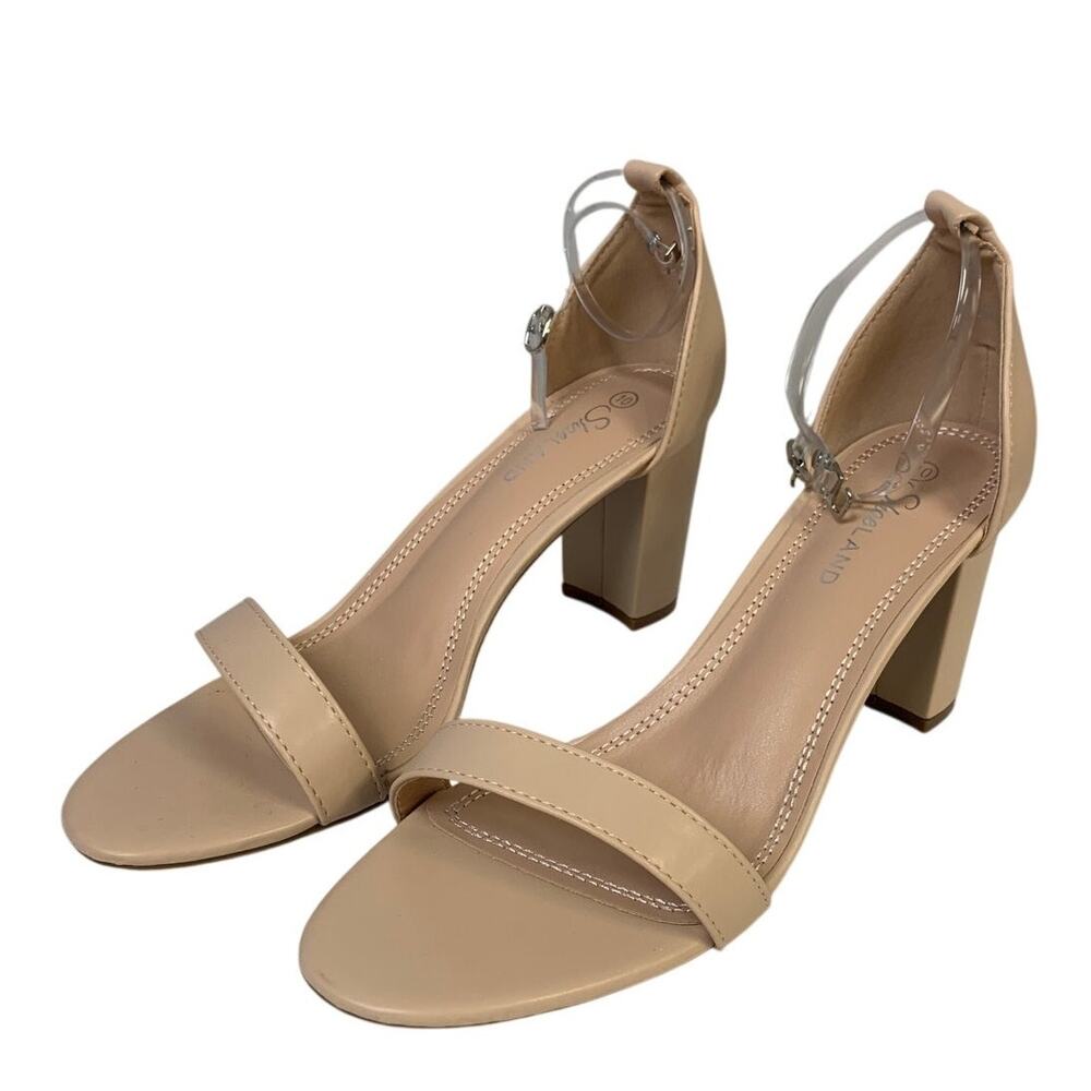 Shoe Land Womens Size 10 Beige 3.25" Heel Ankle Strap Open Round Toe Shoes